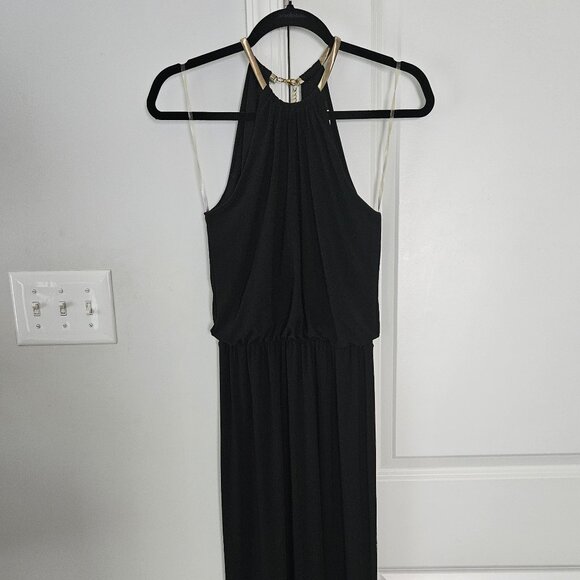 Floor Length Black Formal Dress w/ Gold Elastic Necklace Neckline Size S - Picture 1 of 5